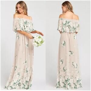 Show Me Your Mumu Hacienda Maxi Dress Off Shoulder Floral Tan Nude Pink Small